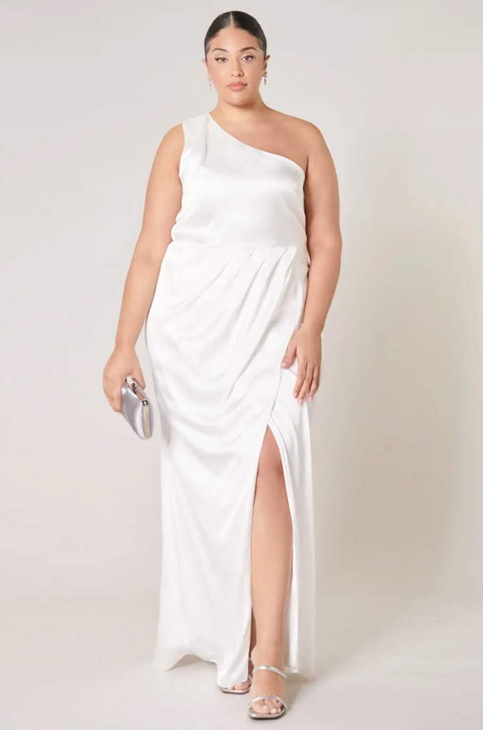 The "Lexine" One Shoulder Satin Ivory Dress - NKIN