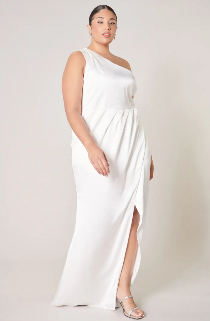 The "Lexine" One Shoulder Satin Ivory Dress - NKIN