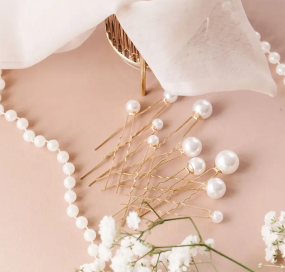 Set of 9- Margot Mixed Size Gold and Peal Pins - NKIN