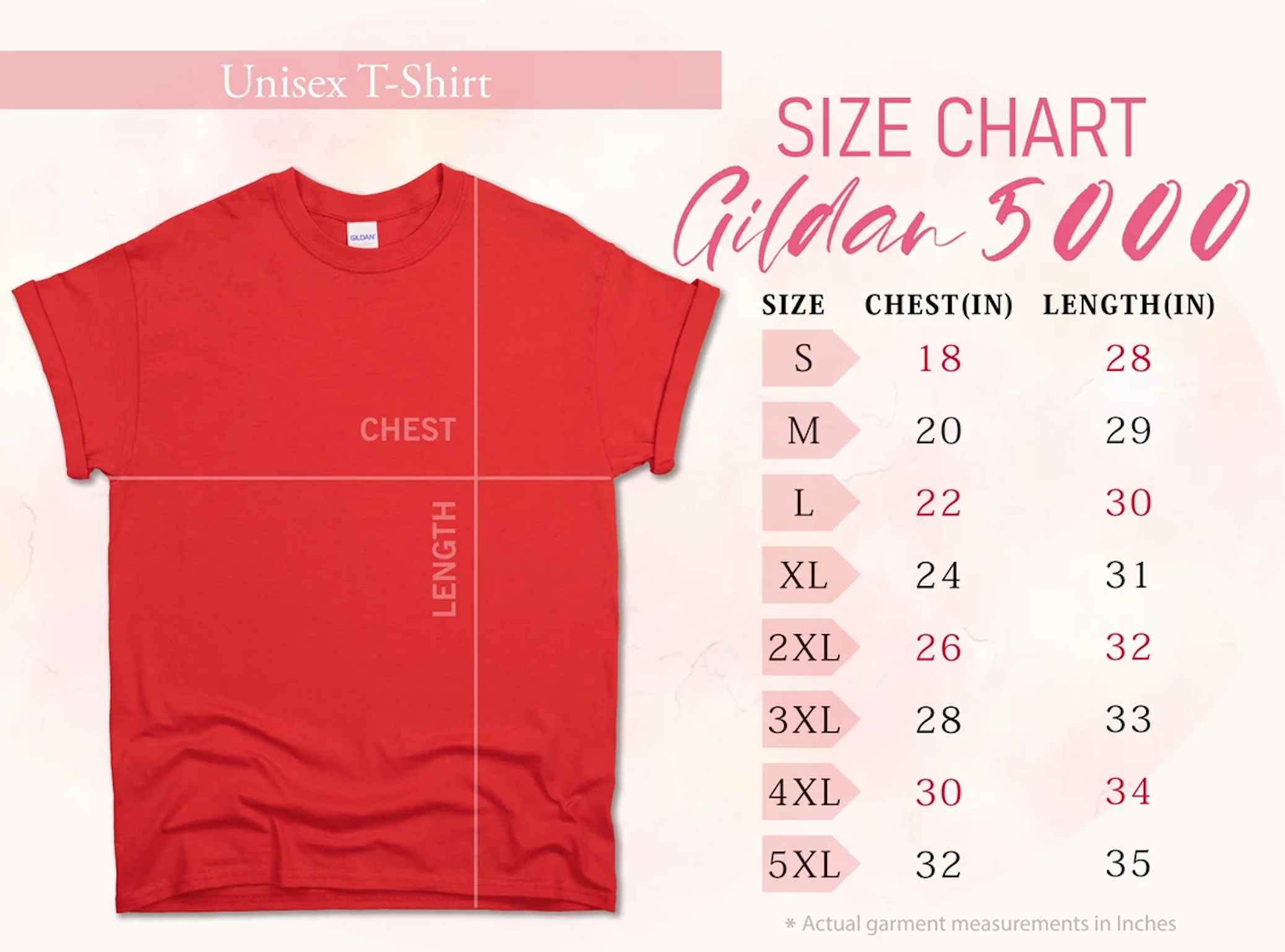 A gildan size chart indicating the sizes from small, medium, large, XL, 2XL, 3XL, 4XL, 5XL.