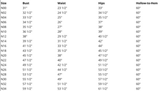 Jasmine size chart