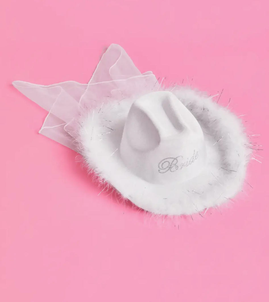 white "bride" cowboy hat with a mini veil