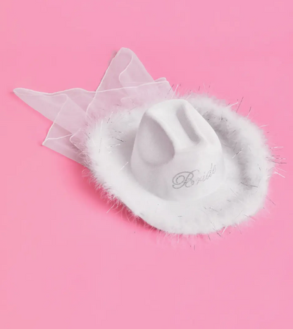 white "bride" cowboy hat with a mini veil