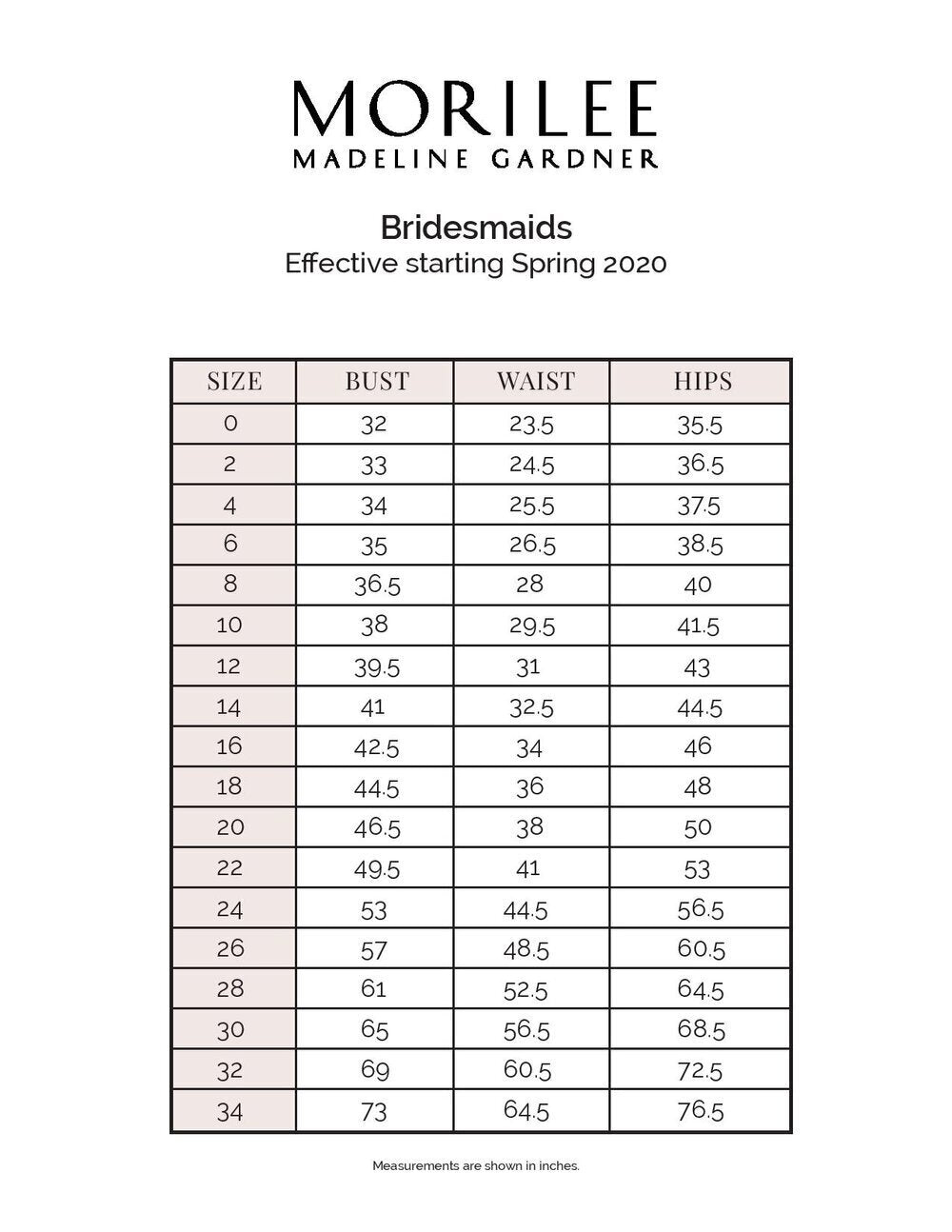 Morilee size chart