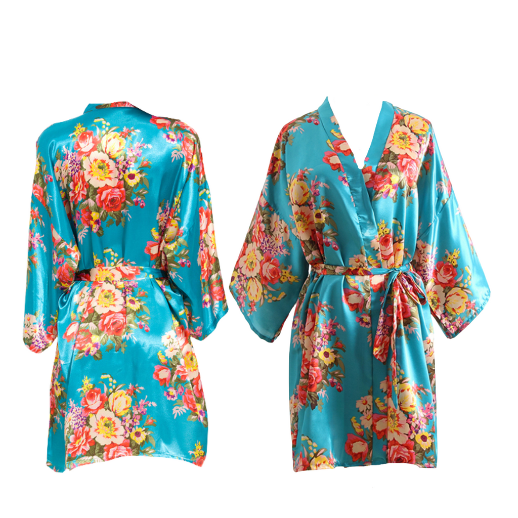 Turquoise Floral Satin Robe - NKIN