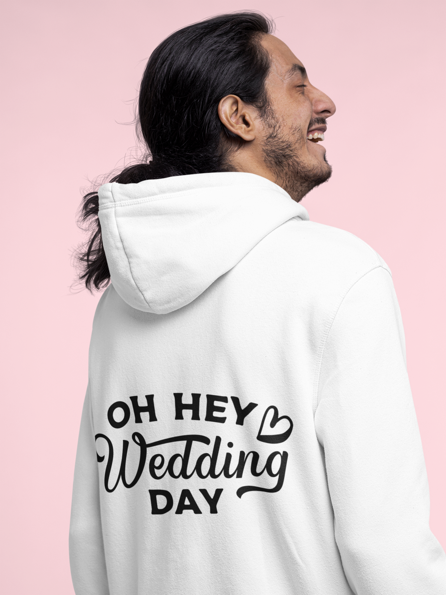 A back view of a white hoodie with 