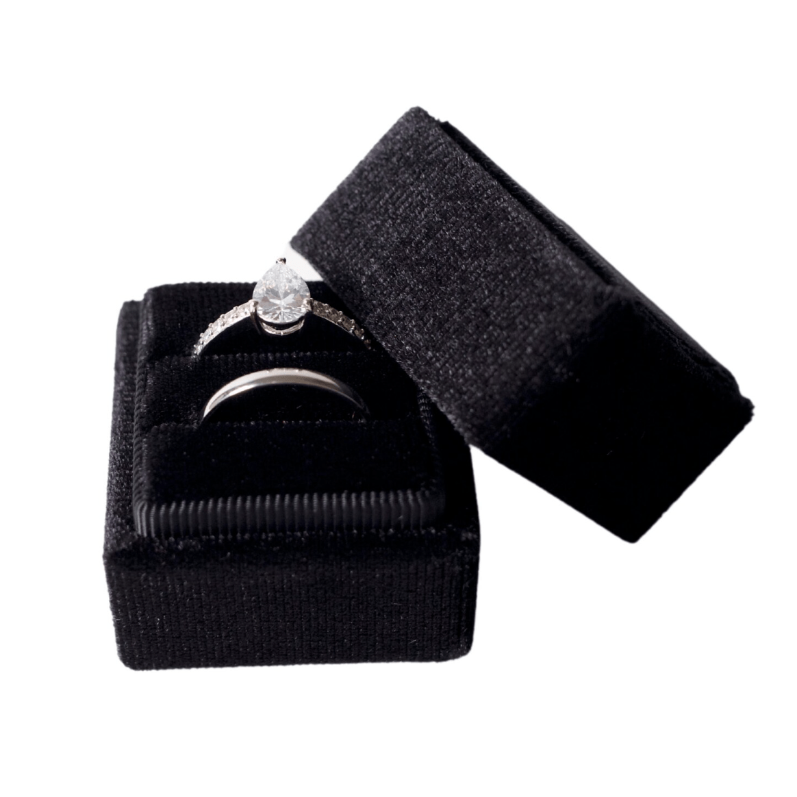 BLACK Square Velvet Ring Box- Double Slot - NKIN