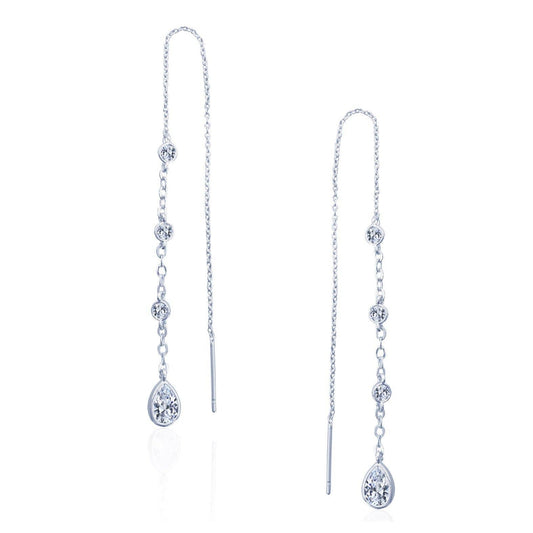 Elora - Elegant Chain and Crystal Drop Needle Earrings in Silver