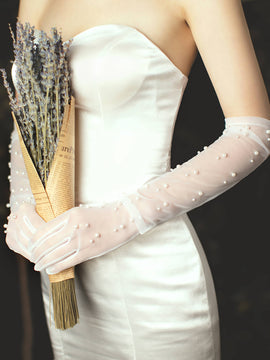 Long Tulle Nylon Wedding Gloves with High Quality Pearls