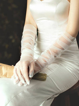 Ivory Long Tulle Nylon Sheer Wedding Gloves