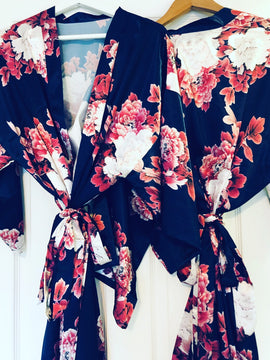 Navy Peony Watercolor Satin Robe