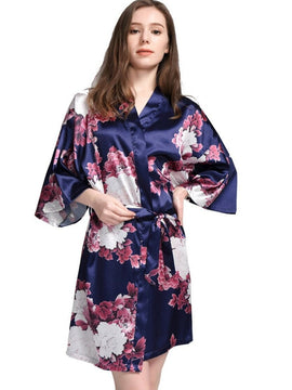 Navy Peony Watercolor Satin Robe