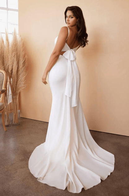 The "Adella" Tie-Back Sash Charmeuse Mermaid Gown back view