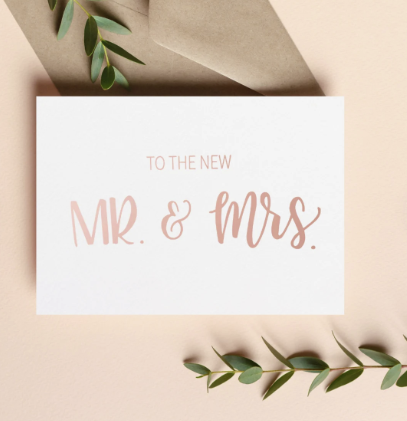 "To the new mr & mrs" in rose gold