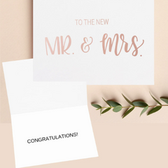 To the new mr and mrs card, outside of the card in rose gold, inside of the card 